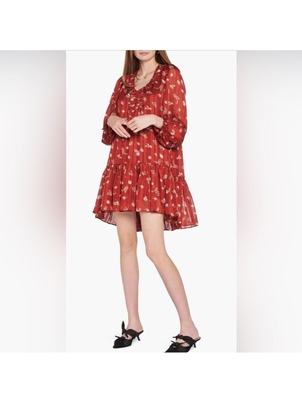 En Saison Coastal Cowgirl Women M Floral Metallic Boho Babydoll Flutter Dress